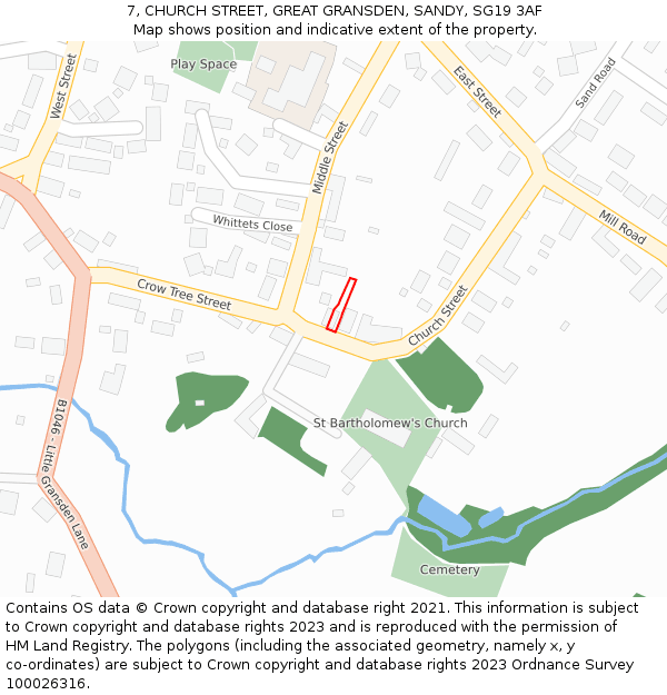 7, CHURCH STREET, GREAT GRANSDEN, SANDY, SG19 3AF: Location map and indicative extent of plot