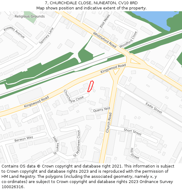 7, CHURCHDALE CLOSE, NUNEATON, CV10 8RD: Location map and indicative extent of plot