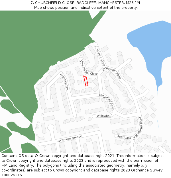 7, CHURCHFIELD CLOSE, RADCLIFFE, MANCHESTER, M26 1YL: Location map and indicative extent of plot