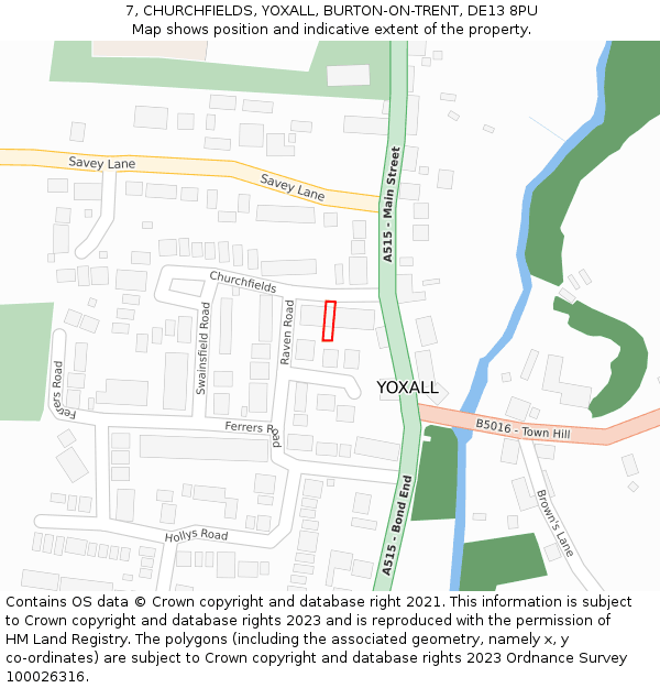 7, CHURCHFIELDS, YOXALL, BURTON-ON-TRENT, DE13 8PU: Location map and indicative extent of plot