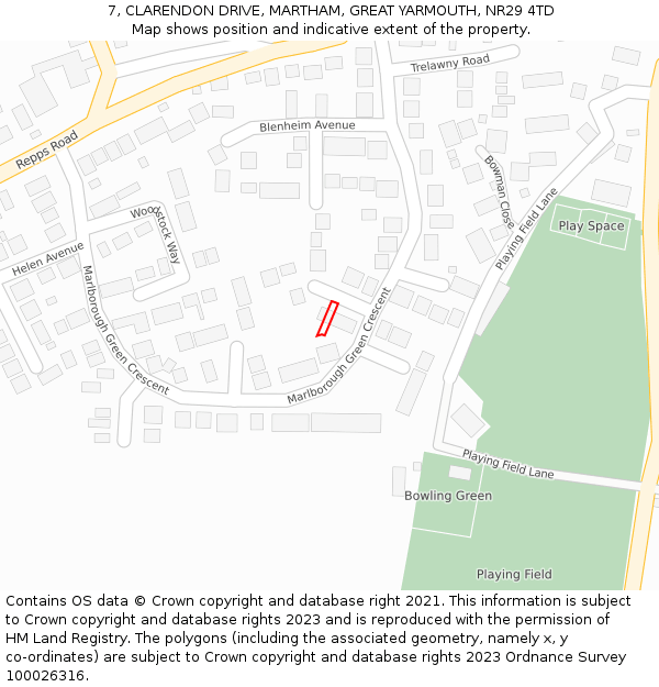 7, CLARENDON DRIVE, MARTHAM, GREAT YARMOUTH, NR29 4TD: Location map and indicative extent of plot