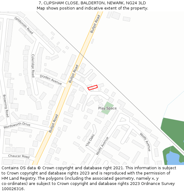 7, CLIPSHAM CLOSE, BALDERTON, NEWARK, NG24 3LD: Location map and indicative extent of plot