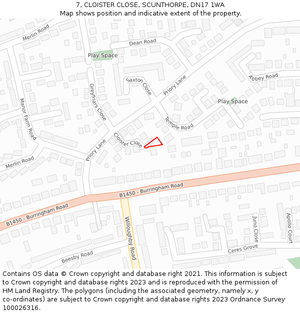 7, CLOISTER CLOSE, SCUNTHORPE, DN17 1WA: Location map and indicative extent of plot