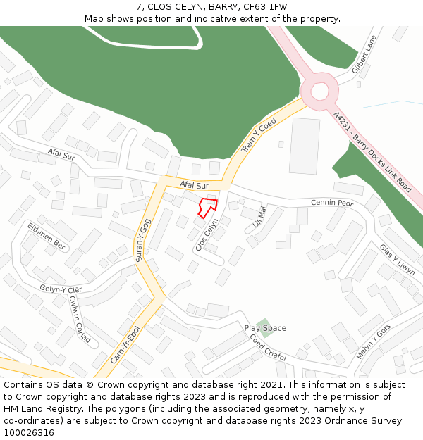 7, CLOS CELYN, BARRY, CF63 1FW: Location map and indicative extent of plot
