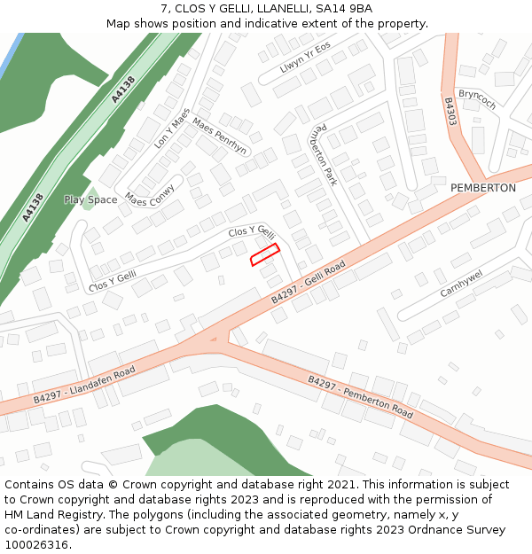7, CLOS Y GELLI, LLANELLI, SA14 9BA: Location map and indicative extent of plot