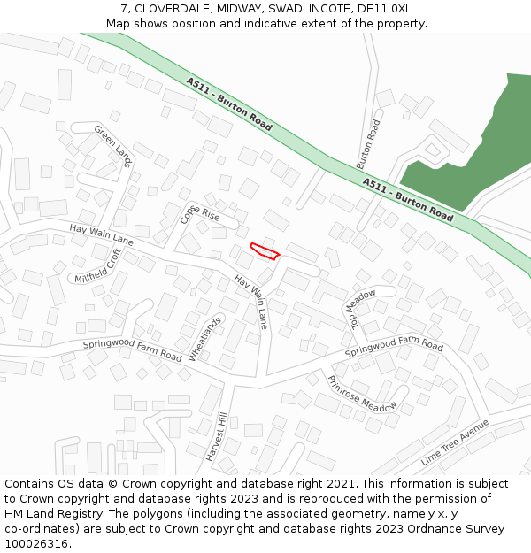 7, CLOVERDALE, MIDWAY, SWADLINCOTE, DE11 0XL: Location map and indicative extent of plot