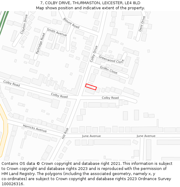 7, COLBY DRIVE, THURMASTON, LEICESTER, LE4 8LD: Location map and indicative extent of plot