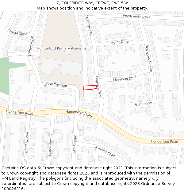 7, COLERIDGE WAY, CREWE, CW1 5JW: Location map and indicative extent of plot