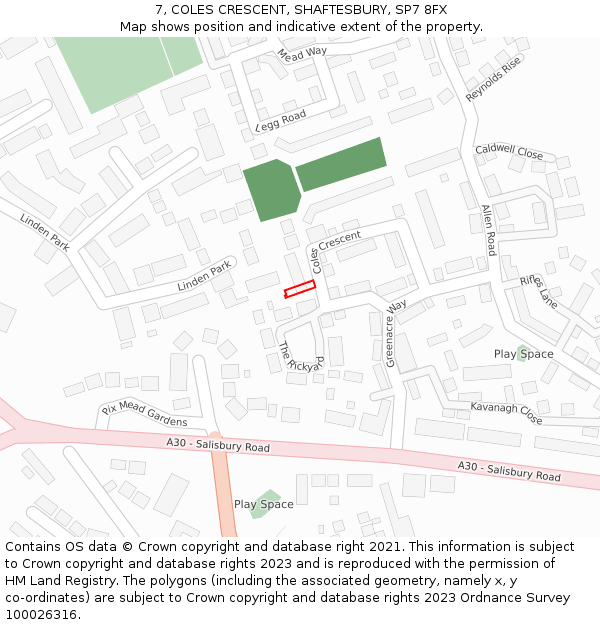 7, COLES CRESCENT, SHAFTESBURY, SP7 8FX: Location map and indicative extent of plot