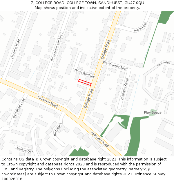 7, COLLEGE ROAD, COLLEGE TOWN, SANDHURST, GU47 0QU: Location map and indicative extent of plot