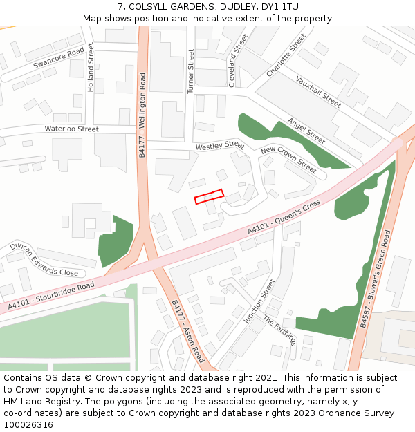 7, COLSYLL GARDENS, DUDLEY, DY1 1TU: Location map and indicative extent of plot