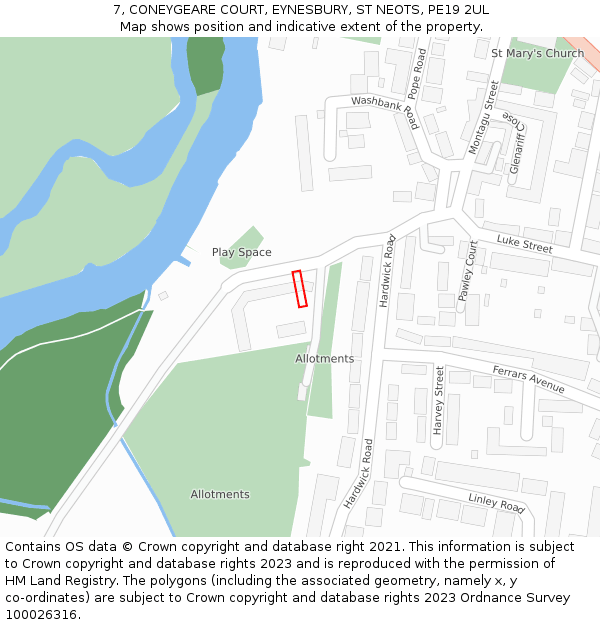 7, CONEYGEARE COURT, EYNESBURY, ST NEOTS, PE19 2UL: Location map and indicative extent of plot