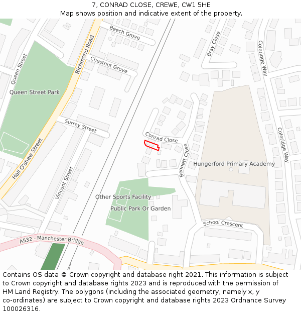 7, CONRAD CLOSE, CREWE, CW1 5HE: Location map and indicative extent of plot