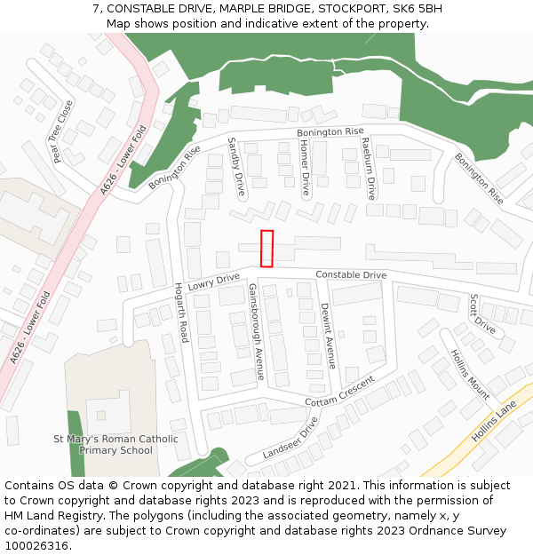 7, CONSTABLE DRIVE, MARPLE BRIDGE, STOCKPORT, SK6 5BH: Location map and indicative extent of plot