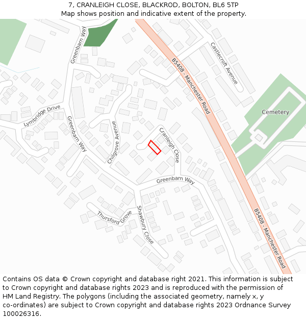 7, CRANLEIGH CLOSE, BLACKROD, BOLTON, BL6 5TP: Location map and indicative extent of plot