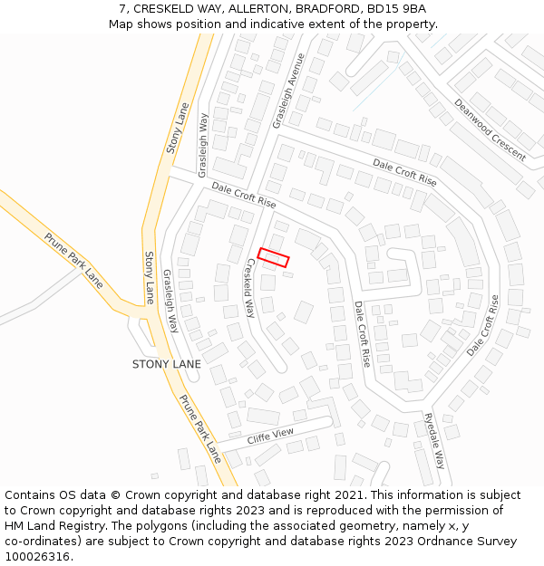 7, CRESKELD WAY, ALLERTON, BRADFORD, BD15 9BA: Location map and indicative extent of plot