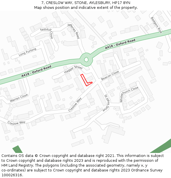 7, CRESLOW WAY, STONE, AYLESBURY, HP17 8YN: Location map and indicative extent of plot