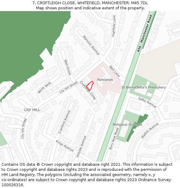 7, CROFTLEIGH CLOSE, WHITEFIELD, MANCHESTER, M45 7DL: Location map and indicative extent of plot