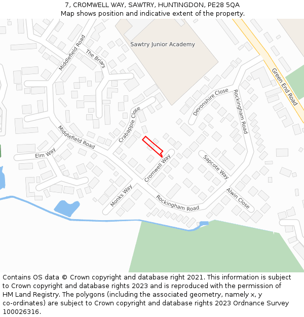 7, CROMWELL WAY, SAWTRY, HUNTINGDON, PE28 5QA: Location map and indicative extent of plot