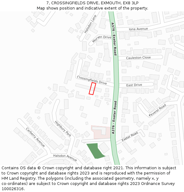 7, CROSSINGFIELDS DRIVE, EXMOUTH, EX8 3LP: Location map and indicative extent of plot