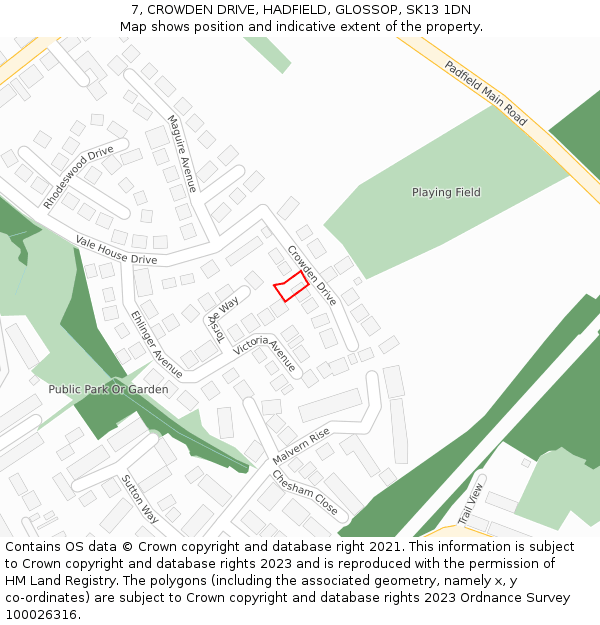 7, CROWDEN DRIVE, HADFIELD, GLOSSOP, SK13 1DN: Location map and indicative extent of plot