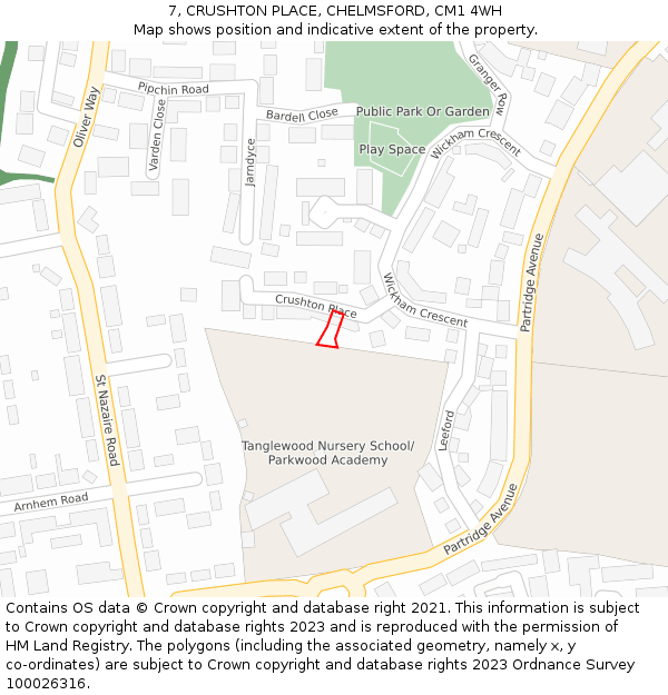 7, CRUSHTON PLACE, CHELMSFORD, CM1 4WH: Location map and indicative extent of plot