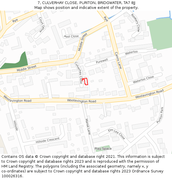 7, CULVERHAY CLOSE, PURITON, BRIDGWATER, TA7 8JJ: Location map and indicative extent of plot