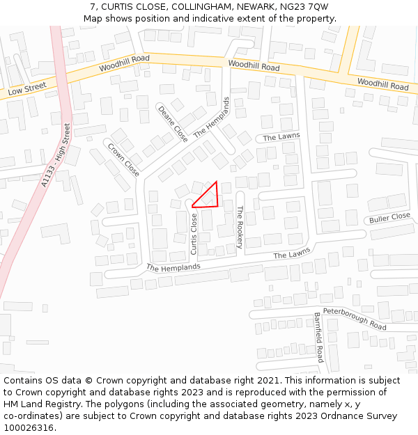 7, CURTIS CLOSE, COLLINGHAM, NEWARK, NG23 7QW: Location map and indicative extent of plot