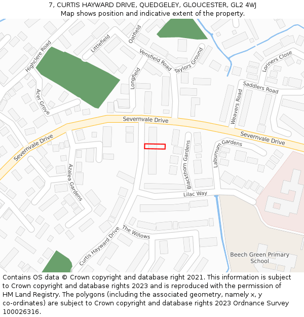 7, CURTIS HAYWARD DRIVE, QUEDGELEY, GLOUCESTER, GL2 4WJ: Location map and indicative extent of plot