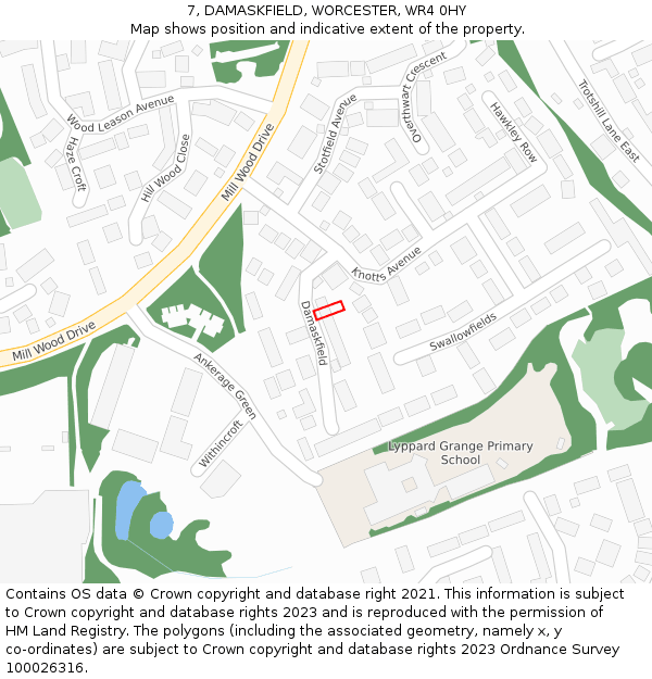 7, DAMASKFIELD, WORCESTER, WR4 0HY: Location map and indicative extent of plot