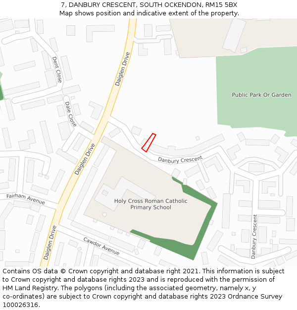 7, DANBURY CRESCENT, SOUTH OCKENDON, RM15 5BX: Location map and indicative extent of plot