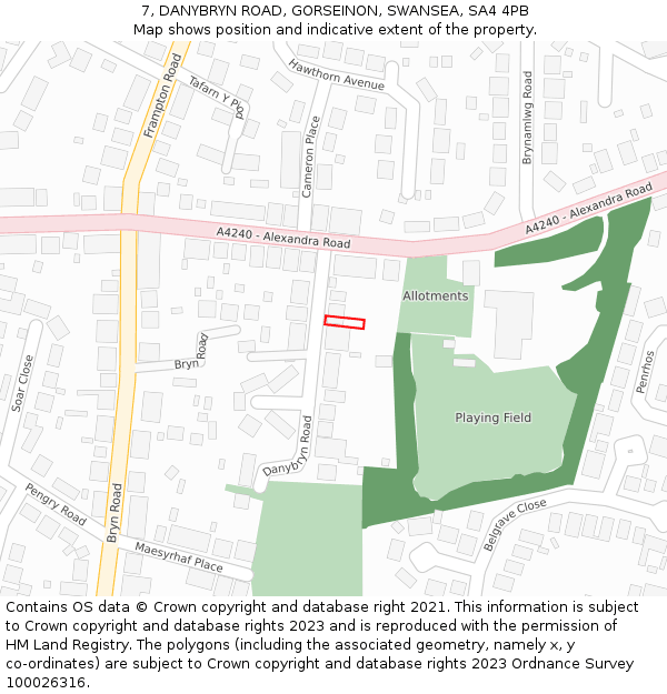 7, DANYBRYN ROAD, GORSEINON, SWANSEA, SA4 4PB: Location map and indicative extent of plot