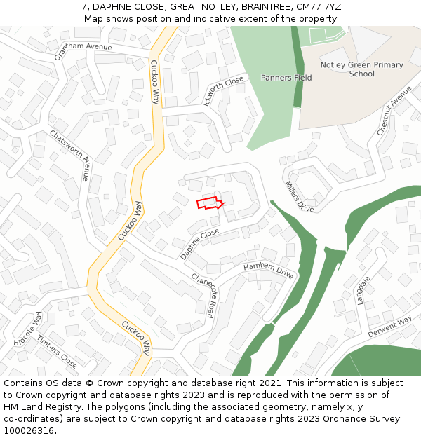 7, DAPHNE CLOSE, GREAT NOTLEY, BRAINTREE, CM77 7YZ: Location map and indicative extent of plot