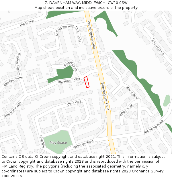 7, DAVENHAM WAY, MIDDLEWICH, CW10 0SW: Location map and indicative extent of plot