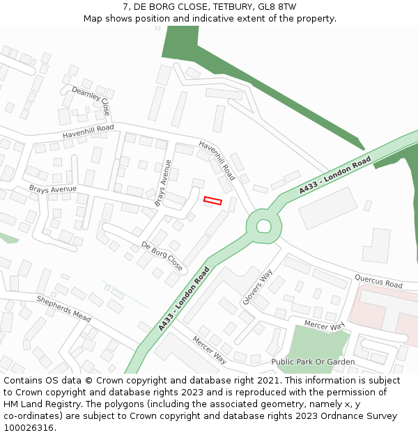 7, DE BORG CLOSE, TETBURY, GL8 8TW: Location map and indicative extent of plot