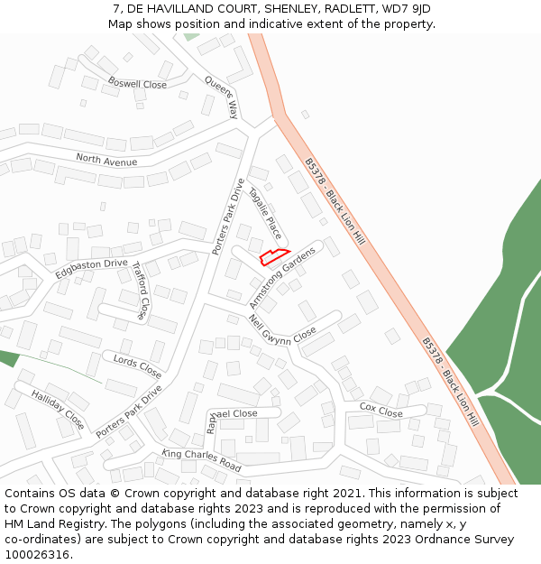 7, DE HAVILLAND COURT, SHENLEY, RADLETT, WD7 9JD: Location map and indicative extent of plot