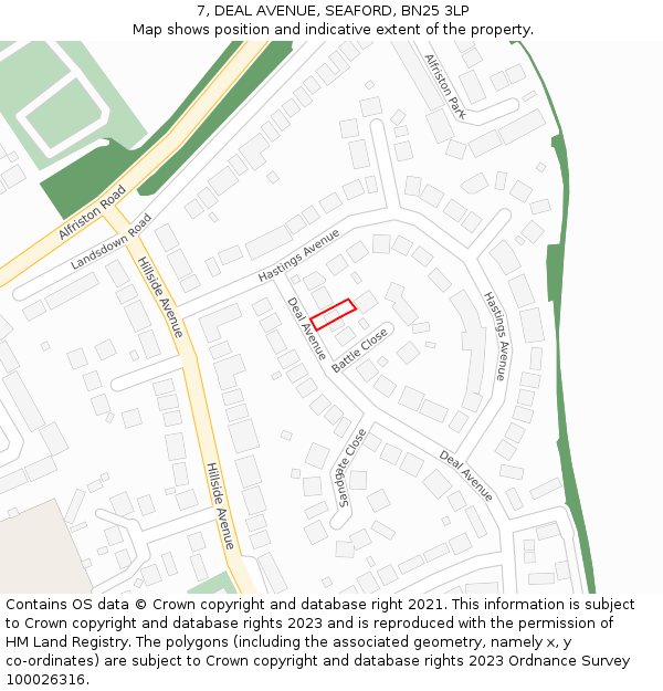 7, DEAL AVENUE, SEAFORD, BN25 3LP: Location map and indicative extent of plot