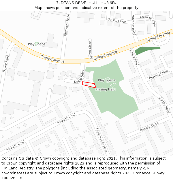 7, DEANS DRIVE, HULL, HU8 9BU: Location map and indicative extent of plot