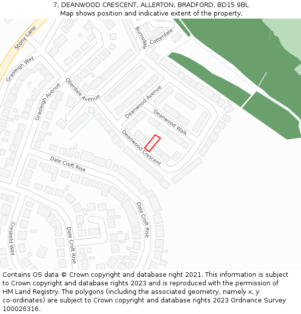 7, DEANWOOD CRESCENT, ALLERTON, BRADFORD, BD15 9BL: Location map and indicative extent of plot