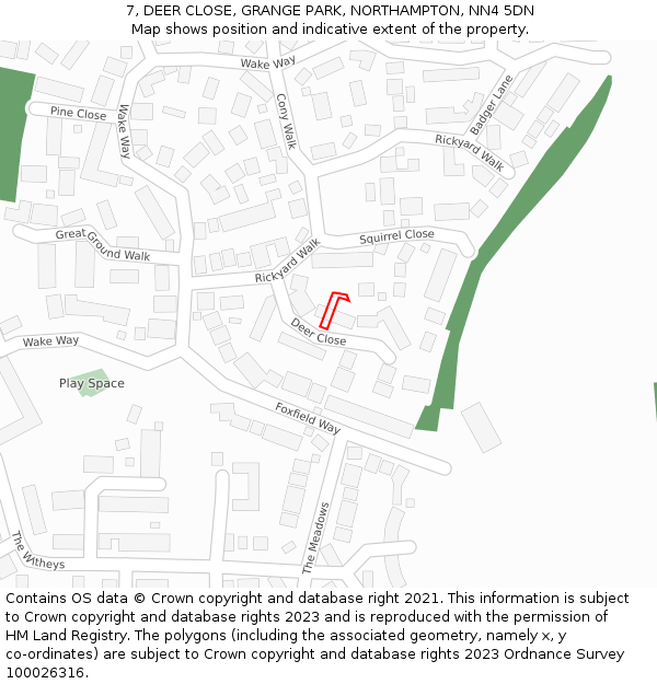 7, DEER CLOSE, GRANGE PARK, NORTHAMPTON, NN4 5DN: Location map and indicative extent of plot