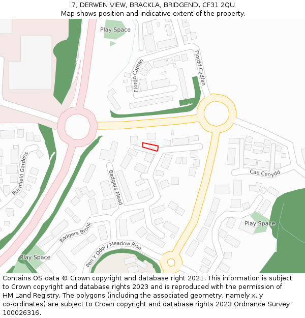 7, DERWEN VIEW, BRACKLA, BRIDGEND, CF31 2QU: Location map and indicative extent of plot