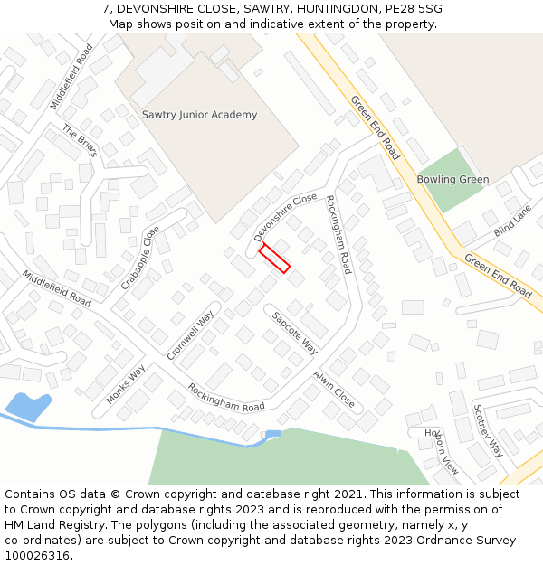 7, DEVONSHIRE CLOSE, SAWTRY, HUNTINGDON, PE28 5SG: Location map and indicative extent of plot