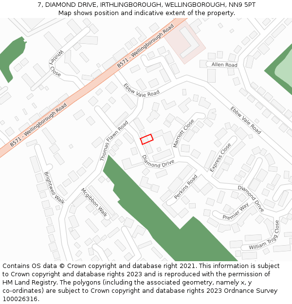 7, DIAMOND DRIVE, IRTHLINGBOROUGH, WELLINGBOROUGH, NN9 5PT: Location map and indicative extent of plot