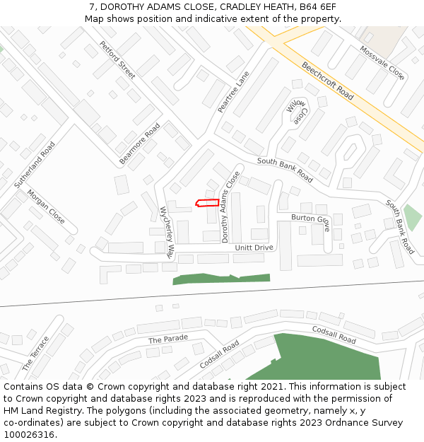 7, DOROTHY ADAMS CLOSE, CRADLEY HEATH, B64 6EF: Location map and indicative extent of plot