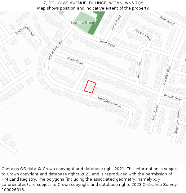 7, DOUGLAS AVENUE, BILLINGE, WIGAN, WN5 7QY: Location map and indicative extent of plot