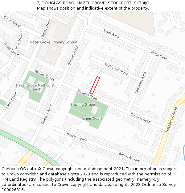 7, DOUGLAS ROAD, HAZEL GROVE, STOCKPORT, SK7 4JG: Location map and indicative extent of plot