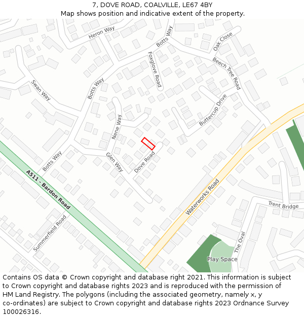7, DOVE ROAD, COALVILLE, LE67 4BY: Location map and indicative extent of plot