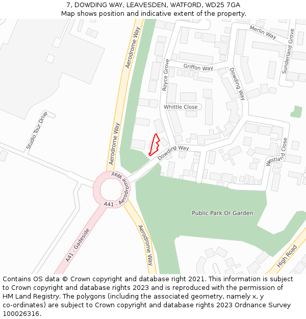 7, DOWDING WAY, LEAVESDEN, WATFORD, WD25 7GA: Location map and indicative extent of plot