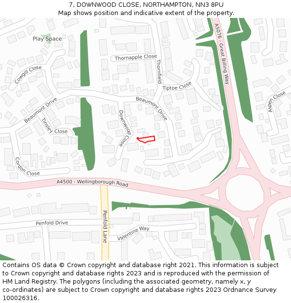 7, DOWNWOOD CLOSE, NORTHAMPTON, NN3 8PU: Location map and indicative extent of plot