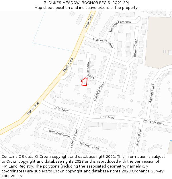 7, DUKES MEADOW, BOGNOR REGIS, PO21 3PJ: Location map and indicative extent of plot